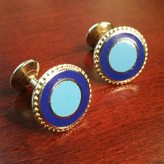 Vintage Cufflinks Gold Tone and Blue Enamel, Roun… - image 1