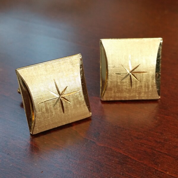 Vintage Atomic Cufflinks, 1960's Swank Gold Plated, Retro Futurism Suit Accessories, Starburst Engraving, Space Age Design, Square Cuff Link