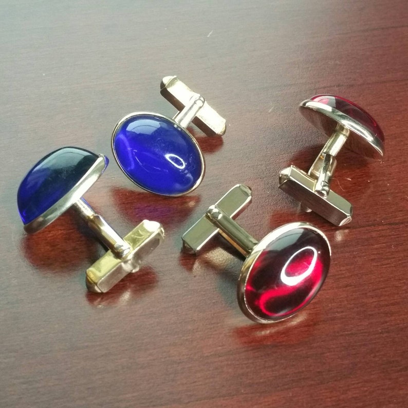 Vintage 1940's Cufflinks, 2 Pair Cherry Red Blue Lucite Cabochon, Gold Tone, Swank, Flashy, Colorful Glass Cuff Links for Wedding, Formal image 4