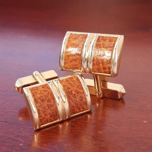 Mens Cufflinks, Genuine Brown Leather Cuff Link Accessories, Mid Century Gold Tone, Vintage Swank, Classic Formal Mens Jewelry