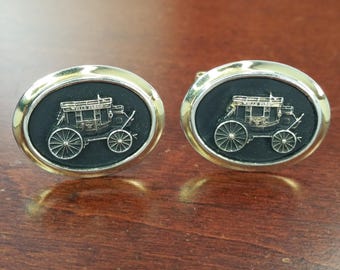 Vintage Wells Fargo Stagecoach Cufflinks, Gold Tone & Black Enamel, WF Logo, Oval Cuff Link Accessories for Banker, Trader, Banking Jewelry