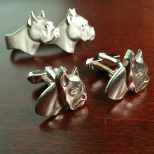 Vintage Boxer Cufflinks and Tie Bar, Swank 3 Piece Set, Dog Head, Dog Cufflinks, Bulldog, Pitbull, Gift for Dog Owner, Breeder, Silver Tone