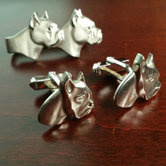 Vintage Boxer Cufflinks and Tie Bar, Swank 3 Piece Set, Dog Head 