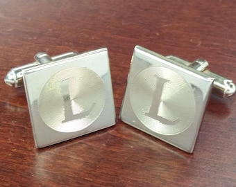 Vintage Cufflinks, Initial "L" Monogram, Mid Century Laser Etched Letter L Cuff Link Accessories, Gold Tone Personalized Name Gift for Groom