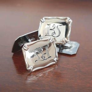 Swedish Silver Monogram Cufflinks, 1950s Scandinavian Jewelry, Engraved BJ Initials, K&EC Cesons, Göteborg Sweden, Mens Estate Cuff Links