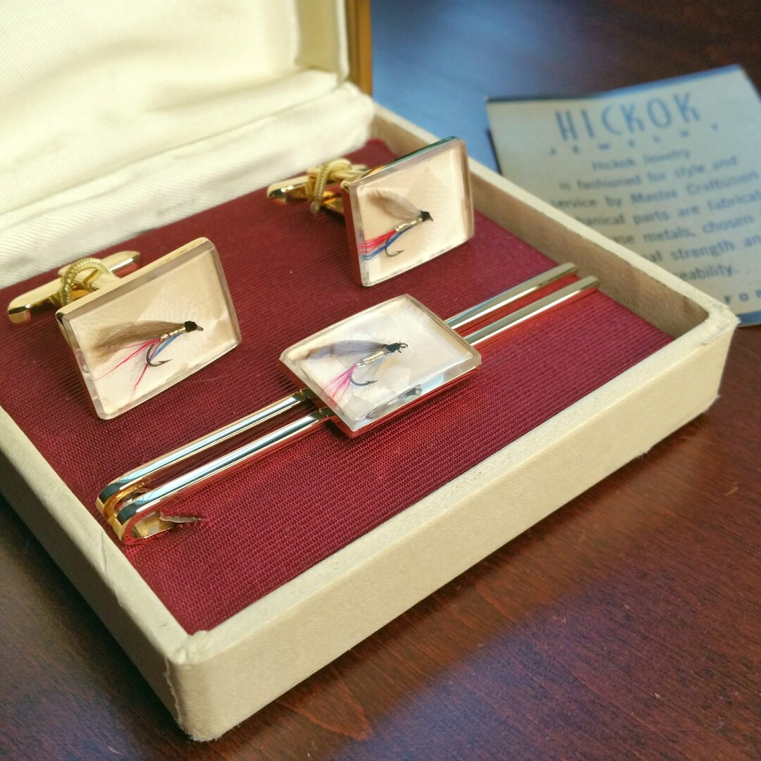 Set Vintage Boutons De Manchette Et Clip Cravate Pêche à La Mouche - Occasion