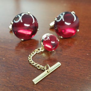 Vintage Cherry Cufflinks and Tie Tack, 1950&#39;s Anson Lucite, Gold & Red Suit Accessories 3 Pc, Something Red, Formal Gift for Wedding Groom