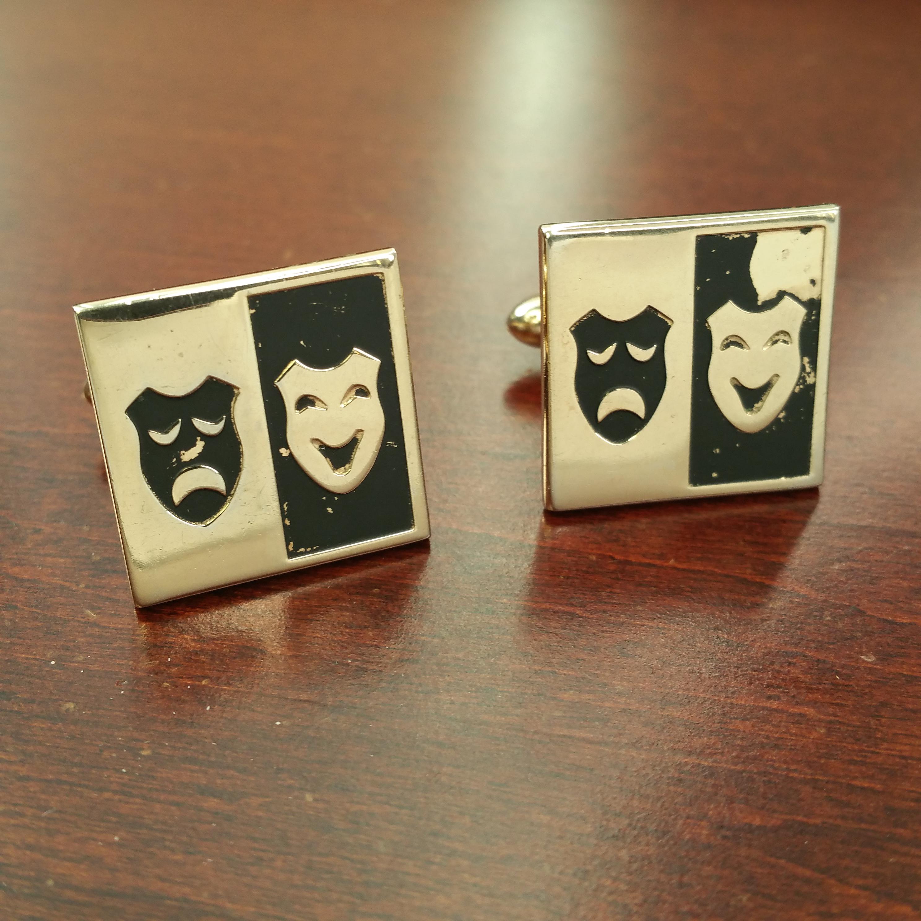 Vintage Comedy Tragedy Mask Cufflinks, 1960's Swank, Stage Drama Masks, Happy & Sad, Gold Tone Black Enamel, Gift for Actor, Playwright Gift