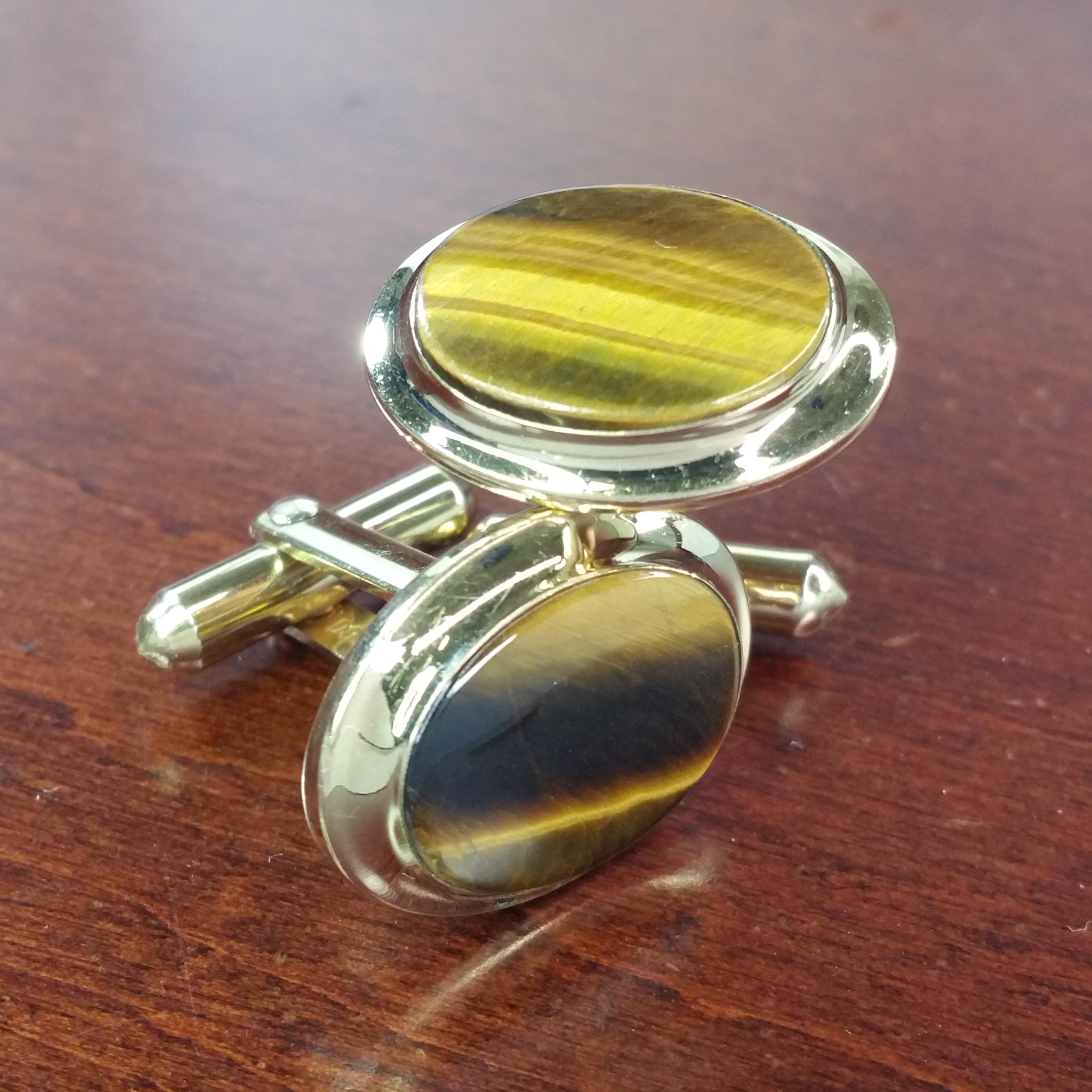 1950s Vintage Tigers Eye Cufflinks, DB Dolan Bullock 14K Gold