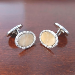 Antique 800 Silver Cufflinks, Die Chased Scrollwork, Marbled Celluloid Inlay, Double Sided Swivel Back, Early 1900s Formal Men's Jewelry
