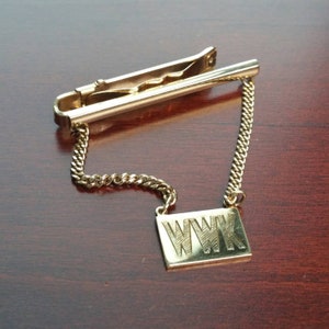 Vintage Tie Chain, 12k Gold Filled Tie Chain with Pendant, Mid Century, Anson Tie Bar with Chain, Monogram WWK, Fancy Tie Accessory, Formal