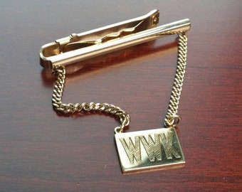 Vintage Tie Chain, 12k Gold Filled Tie Chain with Pendant, Mid Century, Anson Tie Bar with Chain, Monogram WWK, Fancy Tie Accessory, Formal