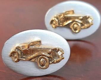Classic Car Cufflinks, Dual Tone Gold Roadster Design on Silver Oval Brushed Face, Shields Vintage Auto Cufflinks, Gift for Car Enthusiast