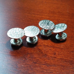 Vintage 4 Piece Tuxedo Shirt Studs, Silver Tone Metal and Black Accent, Tuxedo Accessory, Dress Cuff Link Shirt Stud for Wedding, Black Tie image 5