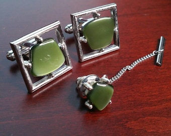 Vintage Green Stone Cufflinks, 1960's 3 Piece Set by Sarah Coventry, Tie Tack and Cuff Link Accessories, Silver Tone, Square Openwork Lucite