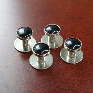 Vintage 4 Piece Tuxedo Shirt Studs, Silver Tone Metal and Black Accent, Tuxedo Accessory, Dress Cuff Link Shirt Stud for Wedding, Black Tie image 2