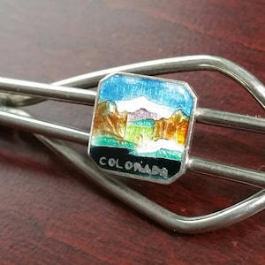 Vintage Tie Bar, 1930s Colorado Rocky Mountain Guilloche Enamel, Multicolor Enamels, Silver Tone Tie Accessory, Landmark Gift for Coloradan