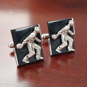 Vintage Bowling Cufflinks, 1960s Bowler Cufflink Set, Silver & Black Formal Gift for Bowler, Bowling Club Competition Prize, Retirement Gift