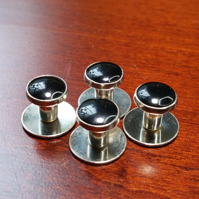 Vintage 4 Piece Tuxedo Shirt Studs, Silver Tone Metal and Black Accent, Tuxedo Accessory, Dress Cuff Link Shirt Stud for Wedding, Black Tie image 2