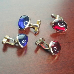 Vintage 1940's Cufflinks, 2 Pair Cherry Red Blue Lucite Cabochon, Gold Tone, Swank, Flashy, Colorful Glass Cuff Links for Wedding, Formal image 3