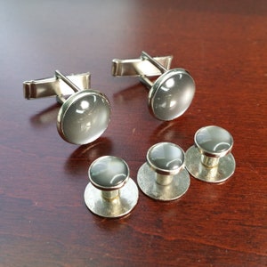 Vintage Tuxedo Cufflinks & Studs, 5 Piece Tux Button Set, Formal Silver Gray Moonglow Tuxedo Accessory, Shirt Studs for Wedding, Black Tie