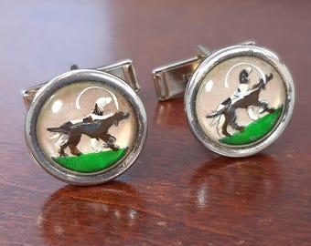 Vintage Hunting Dog Reverse Intaglio Cufflinks, Late 1950's Pioneer Hand Painted Glass Pointer Scene, Sporting Dog Jewelry, Bird Hunter Gift