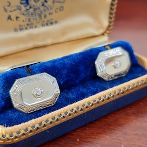 アンティーク 14K ホワイトゴールド ダイヤモンド カフスボタン 