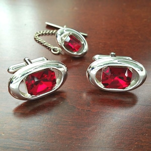 Vintage Cufflinks, 1960&#39;s Suit Accessories, Faceted Cherry Red Gemstones, Silver Cuff Links & Tie Tack 3 Piece Set, Formal Men&#39;s Groom Gift