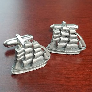 Vintage Sailboat Cufflinks, Pewter Schooner Ship Cuff Link Accessory, Nautical Gift for Sailor, Groom, Wedding, Sailing, Boating, Fishing