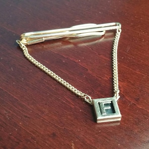 Vintage Tie Chain, 1940&#39;s Tie Accessories, Art Deco Tie Bar with Chain, Monogram F Initial, Gold Letter F Pendant, Formal Personalized Gift