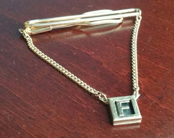 Vintage Tie Chain, 1940&#39;s Tie Accessories, Art Deco Tie Bar with Chain, Monogram F Initial, Gold Letter F Pendant, Formal Personalized Gift