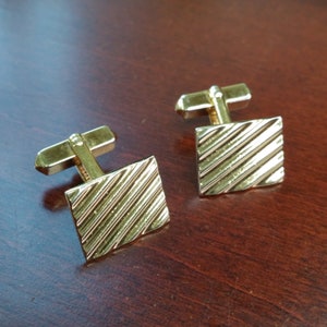 Vintage Gold Cufflinks, 1930's - 1940's Swank, Mid-Century Ripple Waves Pattern, Squared Formal Gold Cuff Link Accessories for Wedding Groom