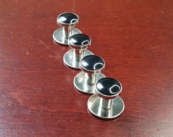 Vintage 4 Piece Tuxedo Shirt Studs, Silver Tone Metal and Black Accent, Tuxedo Accessory, Dress Cuff Link Shirt Stud for Wedding, Black Tie