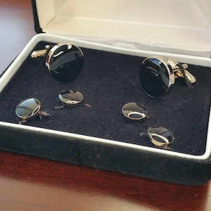 Vintage Tuxedo Cufflinks and Studs, 6 Piece Tuxedo Set, Formal Gold and Black Enamel Tuxedo Accessory, Shirt Studs for Wedding, Black Tie
