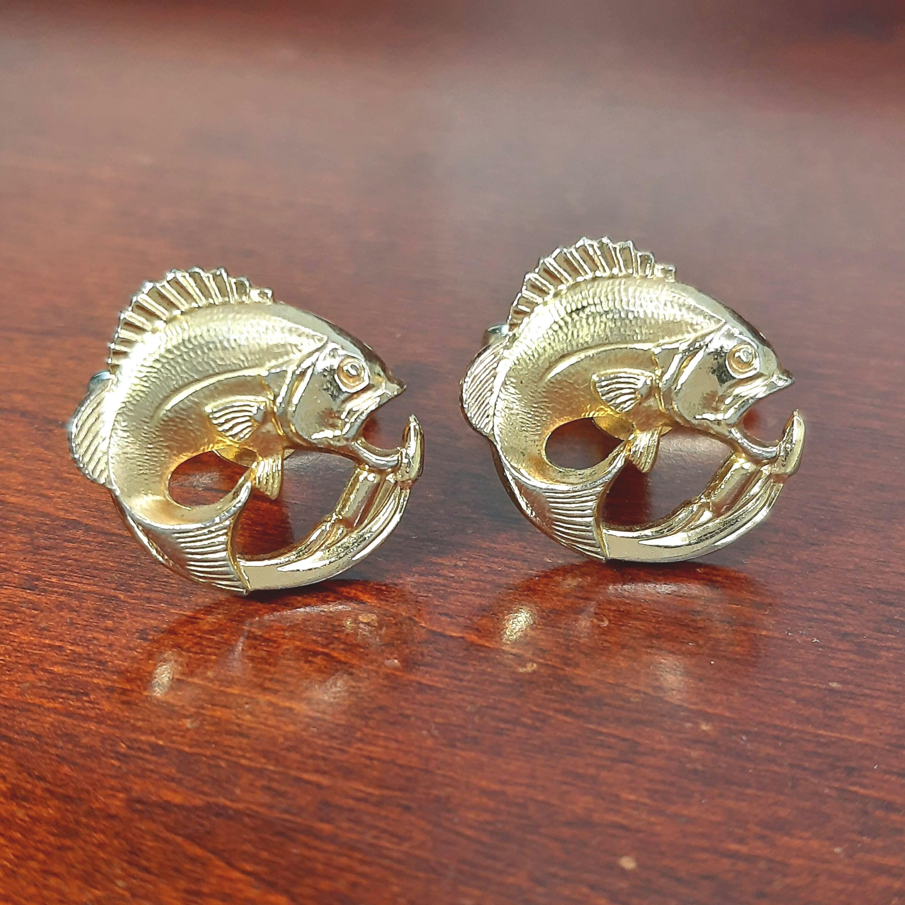Vintage Bass Cufflinks, 1940's Hickok, Gold Tone Brass Fish Suit