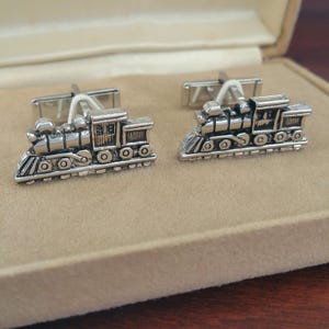 Vintage Train Cufflinks, 1950&#39;s Steam Train Engine, Locomotive Gift for Dad, Train Collector Gift, Conductor, Engineer, Steampunk Jewelry