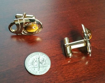 Boutons De Col Anciens En œil De Tigre - Paire - 2x2 Cm - Pierre Semi-précieuse