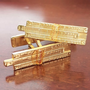 Vintage Slide Rule Cufflinks, 1960s Gold Plated Novelty Design, Engineering Math Tool, Retro Scientific Jewelry Gift for Engineer