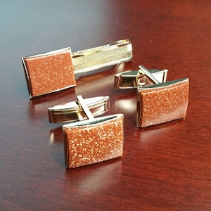Vintage 3 Piece Goldstone Cufflinks and Tie Bar, Italian Murano Art Glass, 1950&#39;s Era Mid Century Cuff Link Accessories for Groom, Business