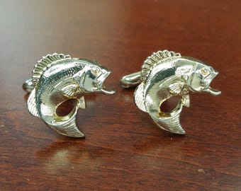 Vintage Bass Cufflinks, 1960's Hickok, Gold Tone Brass Fish Suit Accessory, Salmon, Trout, Gift for Dad, Fisherman, Retirement, Anniversary