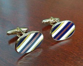 Vintage Enamel Cufflinks, 1960's Made in England, Striped Suit Accessories, Shiny Gold Tone, Blue White & Red Enamels, Dapper Gift for Him