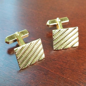 Vintage Gold Cufflinks, 1940's Swank Ripple Wave Pattern, Squared Gold Plated Formal Suit Accessories Gift for Wedding Groom, Tuxedo Buttons
