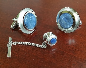 Vintage Sodalite Cufflinks & Tie Tack 3 Piece Set, 1960's Dante Silver Tone, Blue Stone Suit Accessories, Gift for Machinist, Wedding Groom