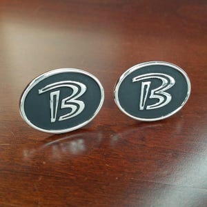Vintage Initial &quot;B&quot; Cufflinks, Large Retro Chunky Oval Cuff Link Accessories, Silver Tone, Black Enamel, Letter B, Monogram B Name Gift