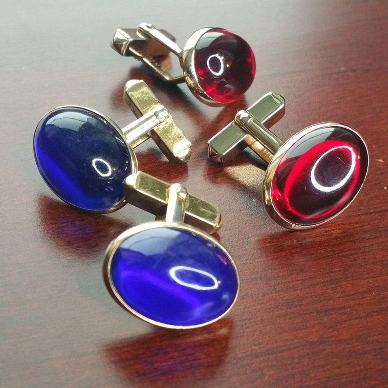 Vintage 1940's Cufflinks, 2 Pair Cherry Red Blue Lucite Cabochon, Gold Tone, Swank, Flashy, Colorful Glass Cuff Links for Wedding, Formal image 2