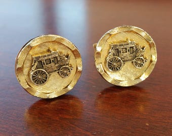 Vintage Wells Fargo Cufflinks, Gold Plated Stagecoach Logo, Formal Banking Jewelry Suit Accessories for Banker, Executive Cuff Link Buttons