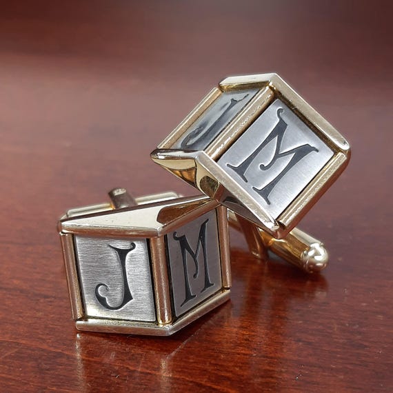 HG&S社製 英国 ヴィンテージ イニシャル DJM アールデコ スクエア シグ Vintage Monogram Cufflinks, Hickok Two Tone Brushed Silver & Gold