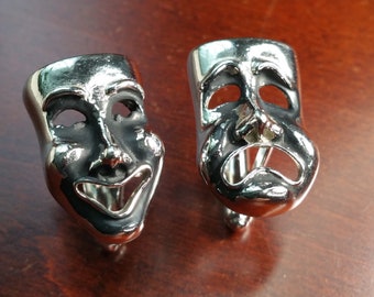 Vintage Comedy Tragedy Mask Cufflinks, 1960's Swank, Chrome Stage Drama Masks, Happy & Sad, Mid Century, Shiny Silver Tone, Gift for Actor