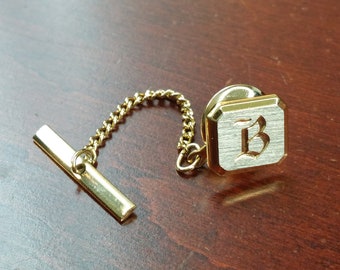 Letter B Tie Tack, Gold Plate Tie Pin, Initial B Tie Accessory, Bold Monogram B Tie Pin, Two Tone Brushed Metal, Personalized Name Gift