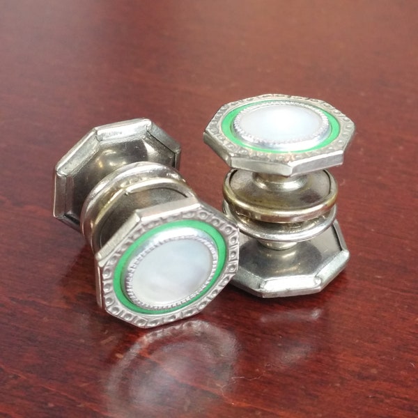 Vintage 1920's Snap Cufflinks, Green Celluloid, Silver Tone Mother of Pearl Snap Link, MoP Front, Octagonal Double Sided Antique Cuff Button